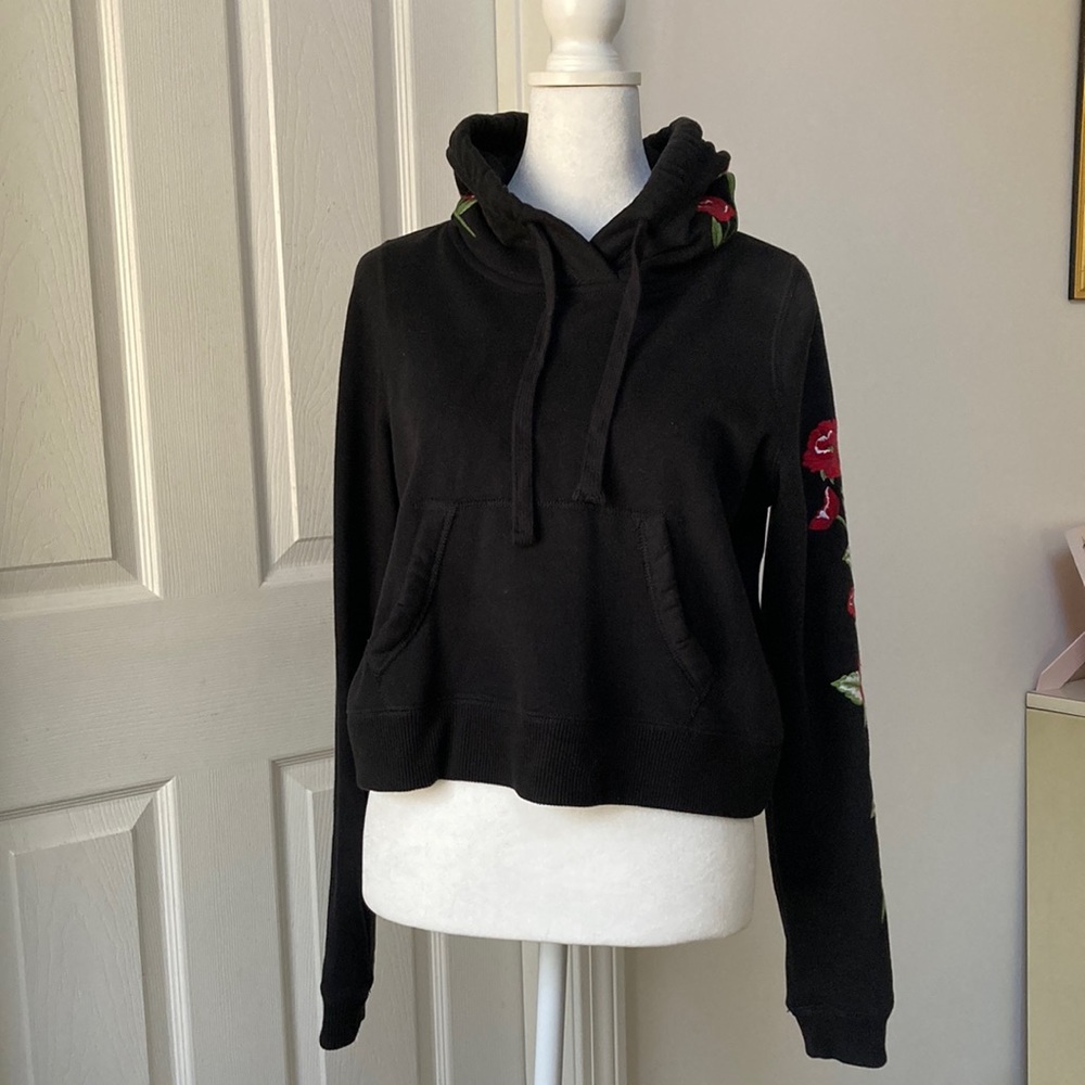 Hollister Women’s  Hoodie, Black with Embroidered Flowers, Size XS